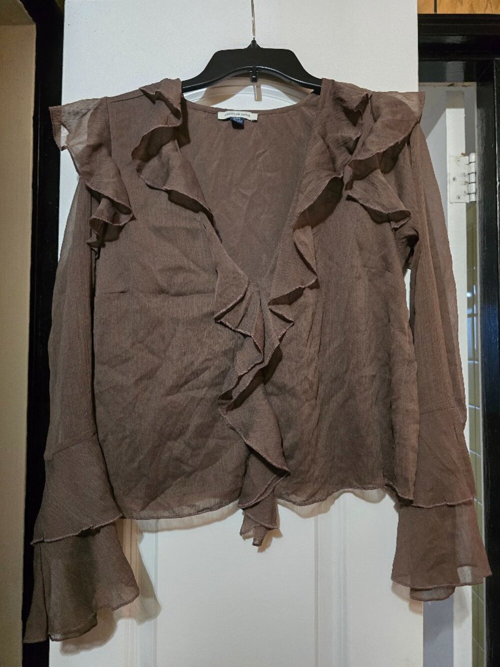 American Eagle Outfitters Women's Brown Ruffle Front & Sleeves Blouse - Large